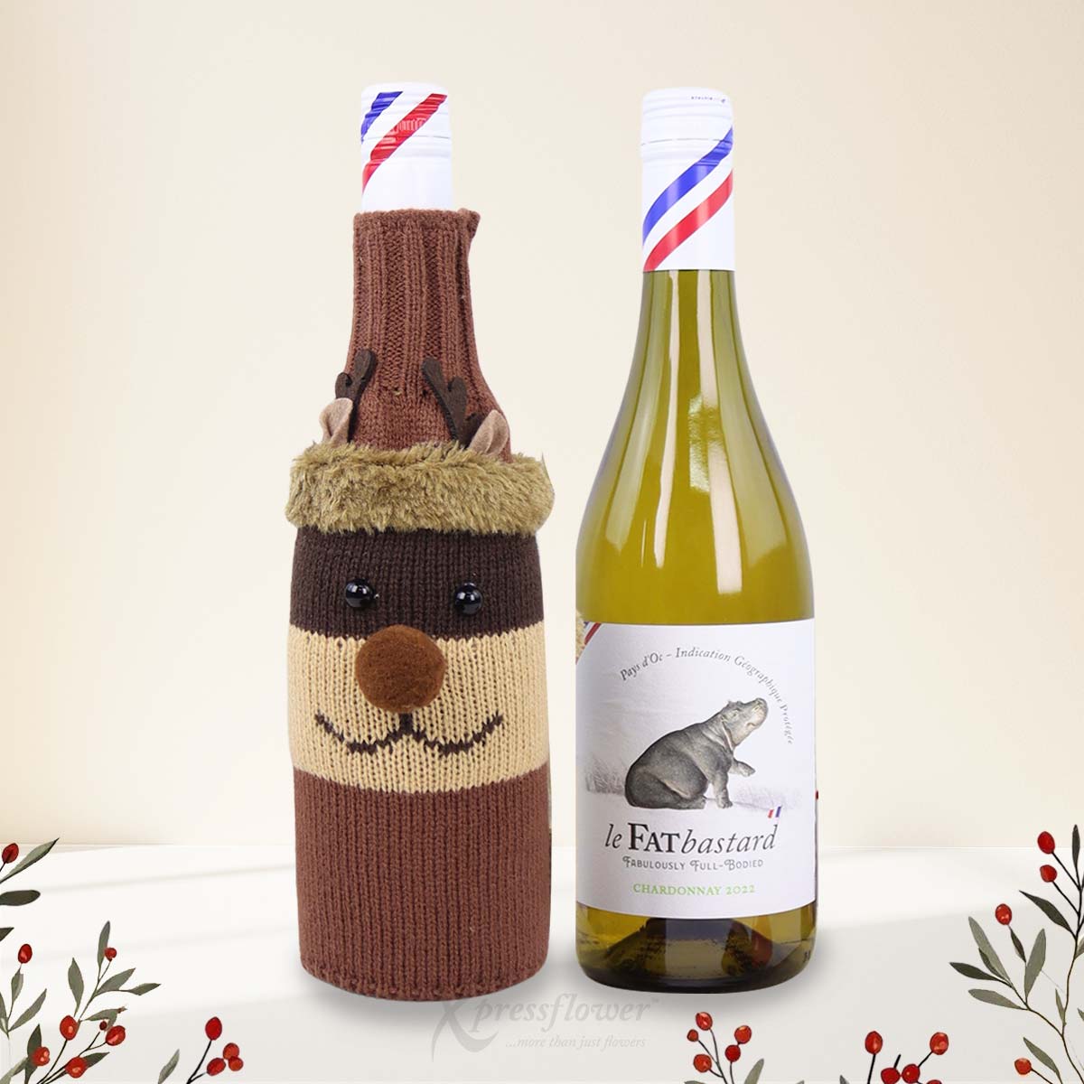 XMBL2542 Rudolfs Cheer Red Roses Arrangement Chardonnay with Rudolf Wine Cover 1c