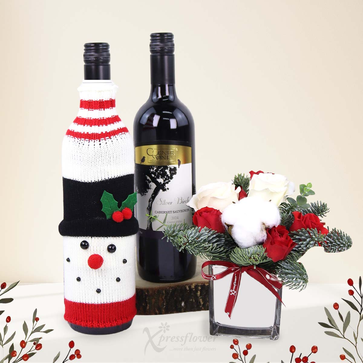 Snowman's Spirit (White Roses Arrangements & Cabernet Sauvignon Blanc with Snowman Wine Cover)