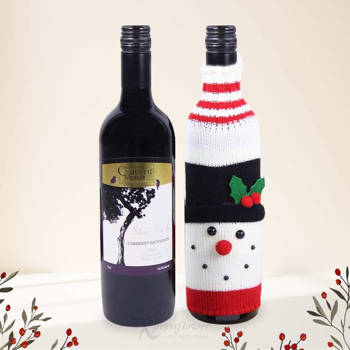 XMBL2543 Snowmans Spirit White Roses Arrangements Cabernet Sauvignon Blanc with Snowman Wine Cover 1c