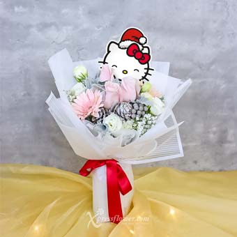 Winsome Santa Kitty (Pink Roses & Gerberas Hello Kitty Bouquet)