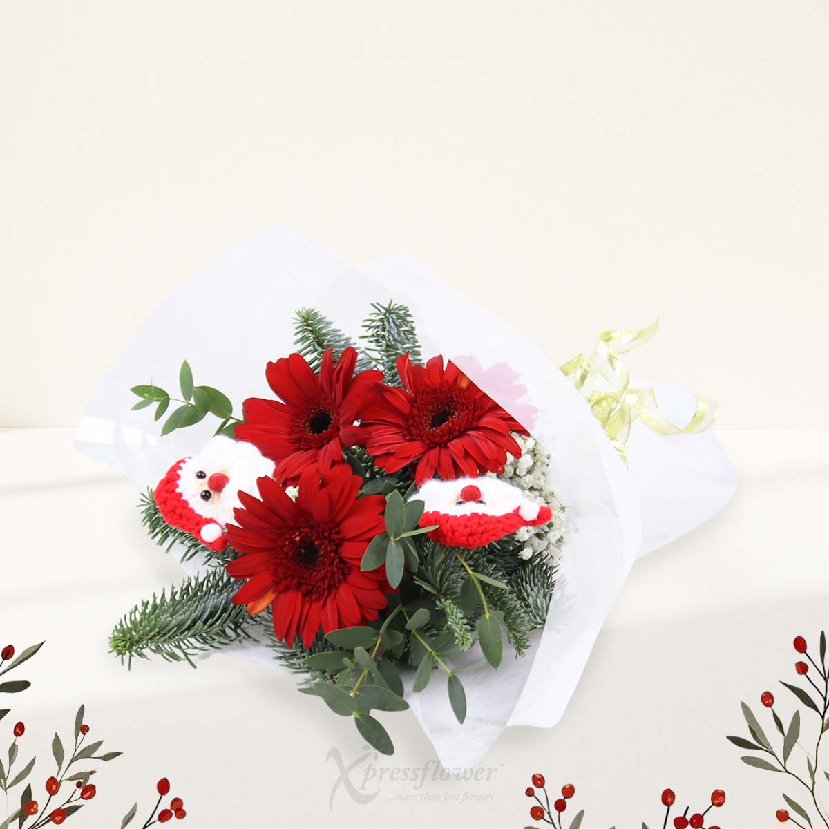 XMBQ2501 Santas Cheer 3 Red Gerberas with Mini Santas 1b