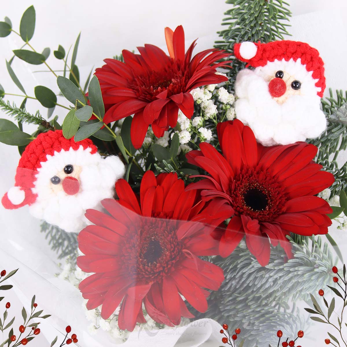 XMBQ2501 Santas Cheer 3 Red Gerberas with Mini Santas 1c