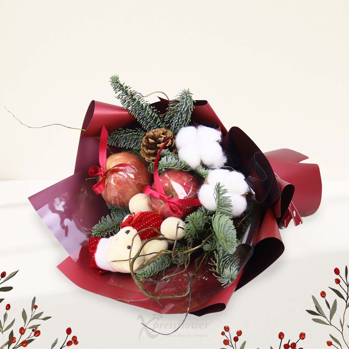 XMBQ2503 Merry Snuggle Cotton Flowers with Christmas Bear Apples 1b