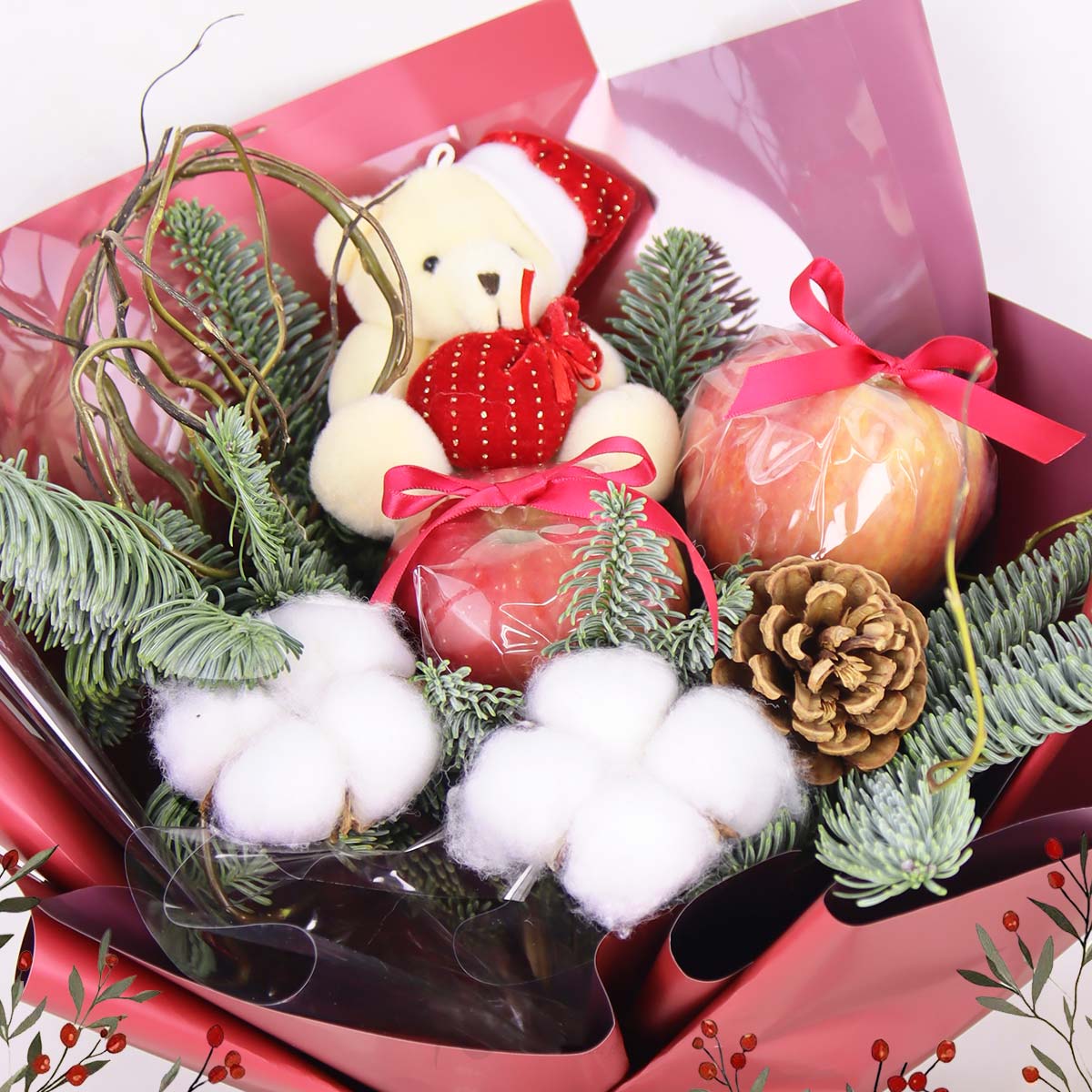 XMBQ2503 Merry Snuggle Cotton Flowers with Christmas Bear Apples 1c