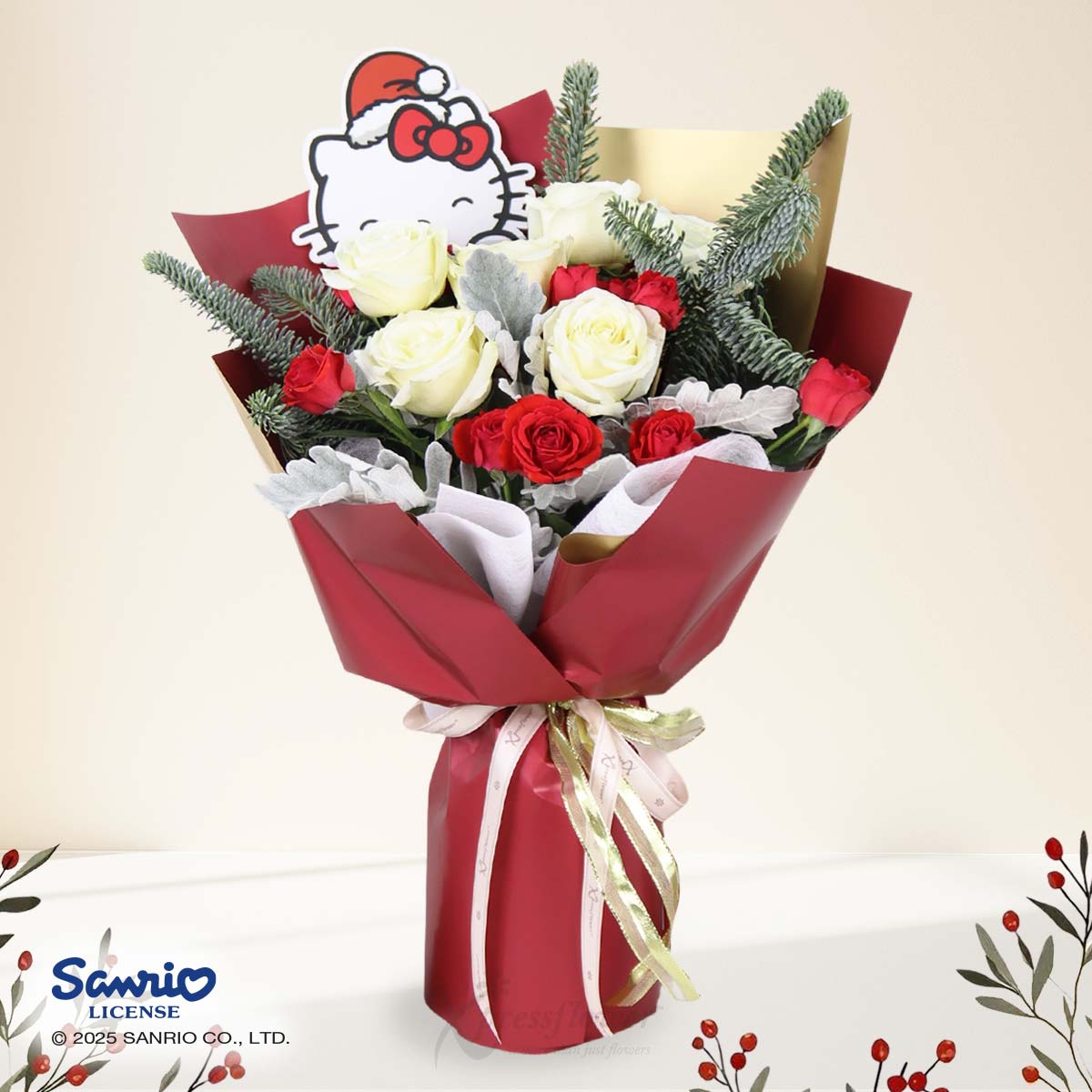 Holiday Kitty (Christmas Hello Kitty with 6 White Roses & Red Rose Sprays)