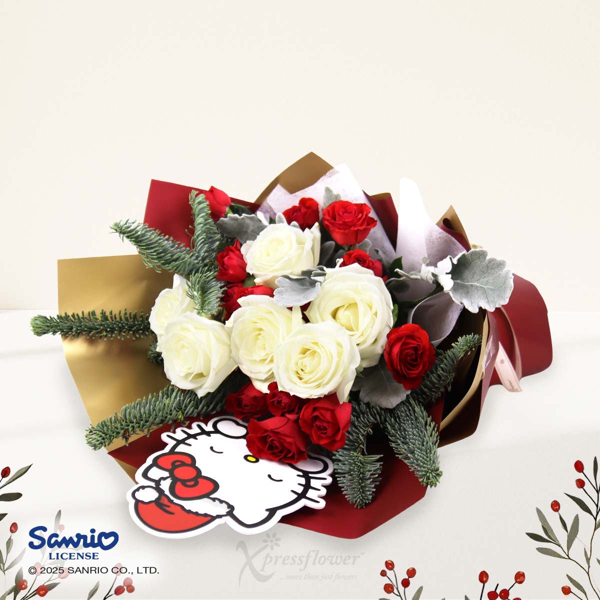 XMBQ2504 Holiday Kitty Christmas Hello Kitty with 6 White Roses Red Rose Sprays 1b