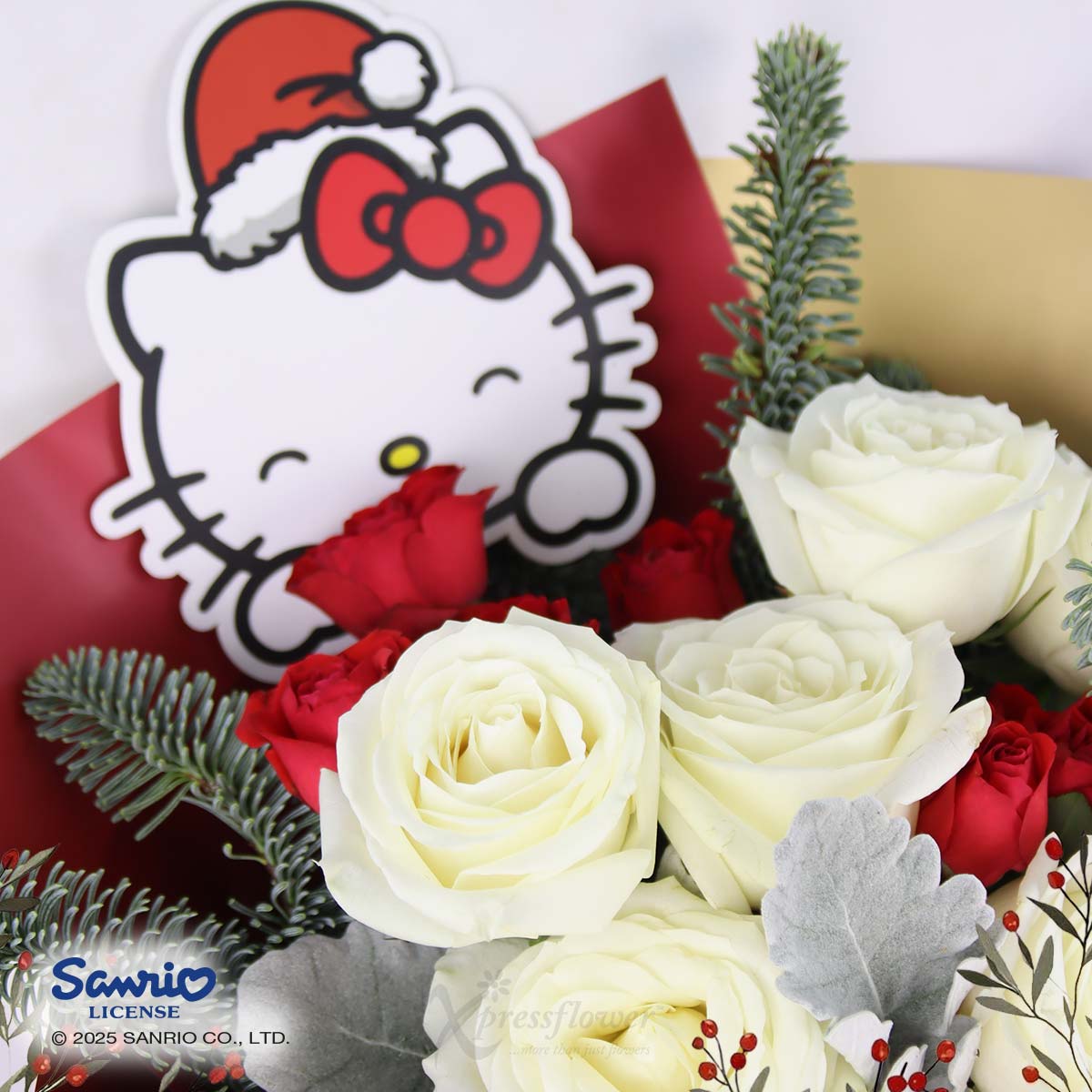 XMBQ2504 Holiday Kitty Christmas Hello Kitty with 6 White Roses Red Rose Sprays 1c