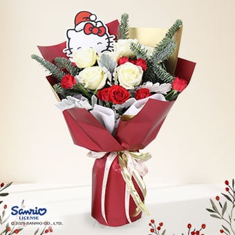 Holiday Kitty (Christmas Hello Kitty with 6 White Roses & Red Rose Sprays)