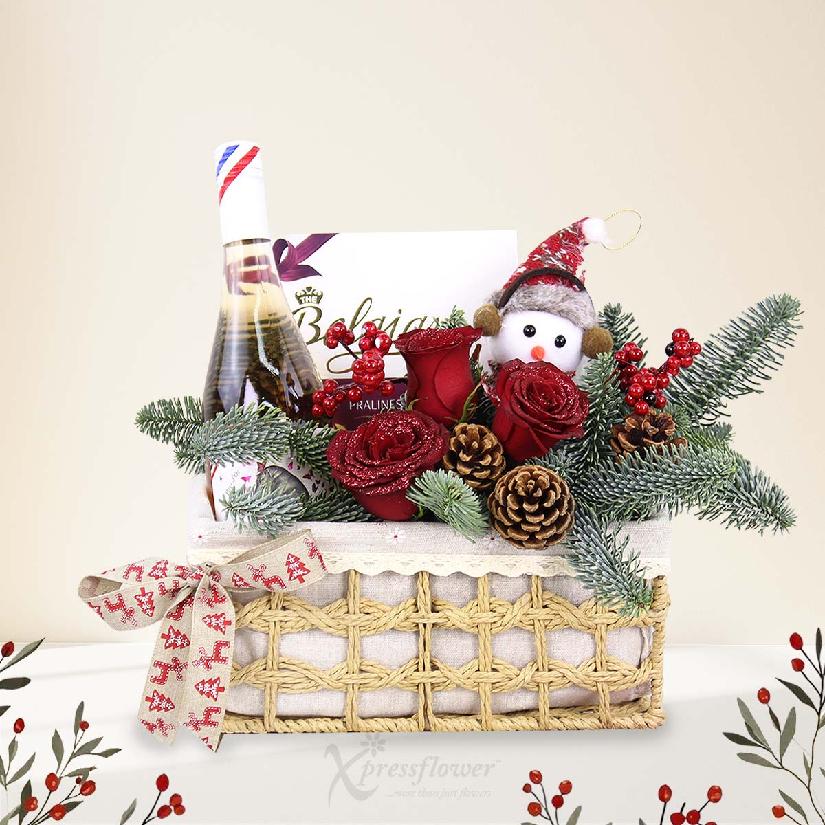 Crimson Noel (Red Roses Arrangement with Rose Wine & Belgian Chocolates)