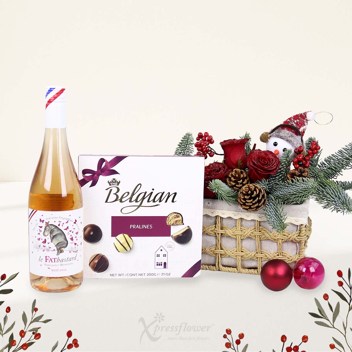 XMGH2581 Crimson Noel Red Roses Arrangement with Rose Wine Belgian Chocolates 1b