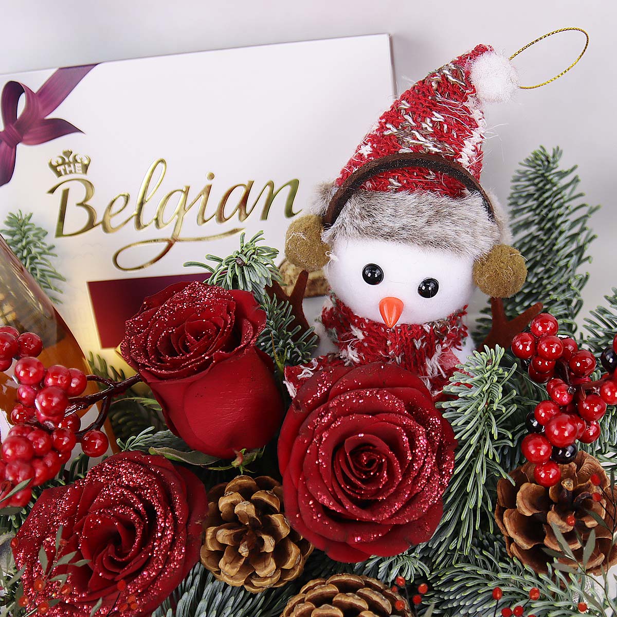 XMGH2581 Crimson Noel Red Roses Arrangement with Rose Wine Belgian Chocolates 1c