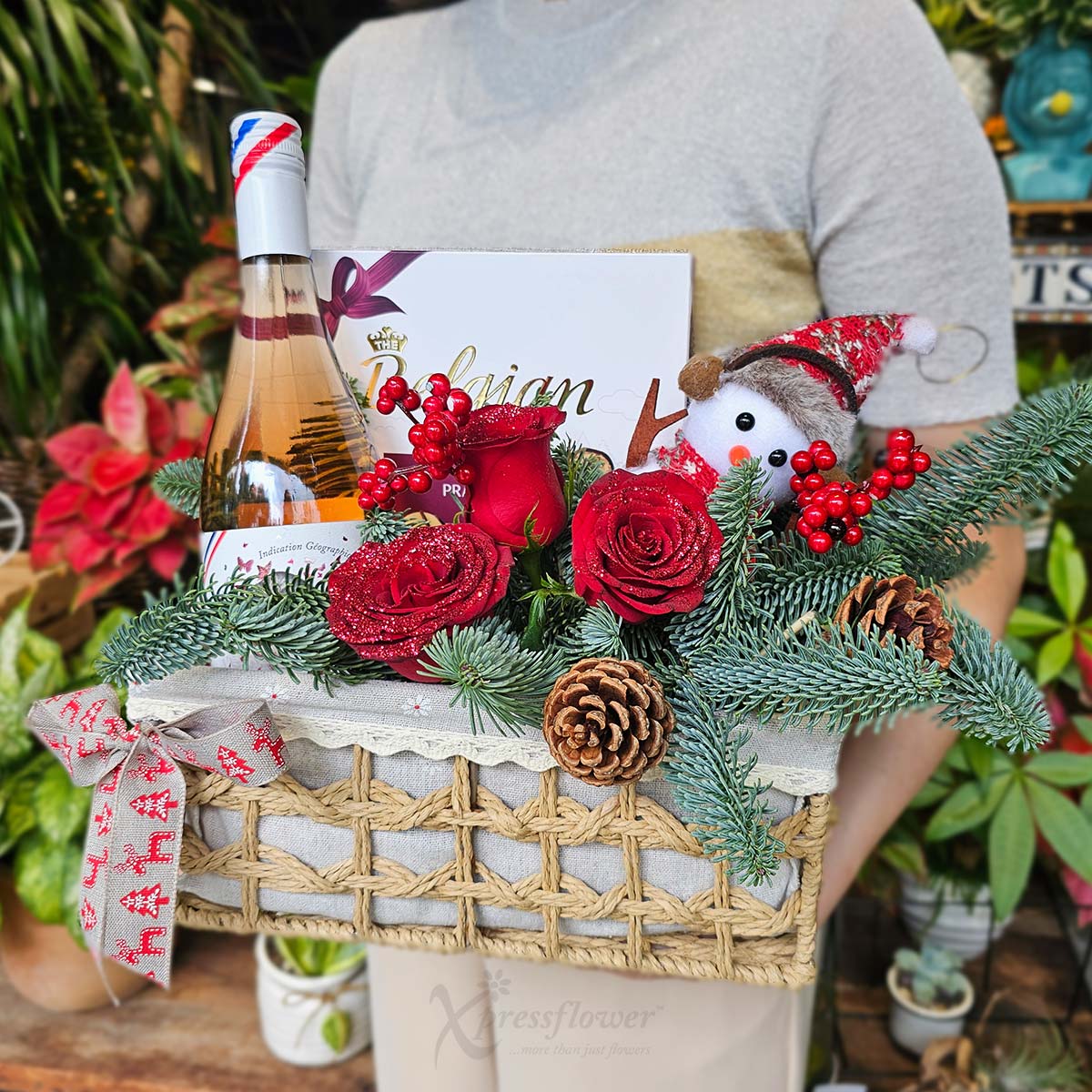 XMGH2581 Crimson Noel Red Roses Arrangement with Rose Wine Belgian Chocolates 3a