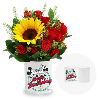 Joyful Bloom (1 Sunflower & 3 Red Roses with Disney Vase)