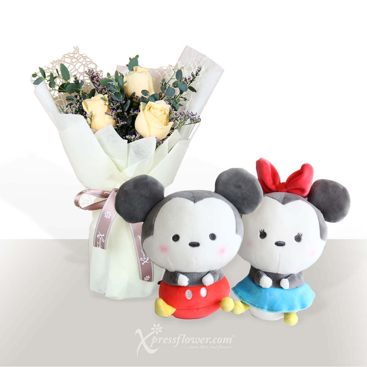 Sincere Devotion (3 Champagne Rose with Mickey & Minnie Soft Toy)