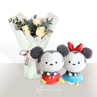 Sincere Devotion (3 Champagne Rose with Mickey & Minnie Soft Toy)