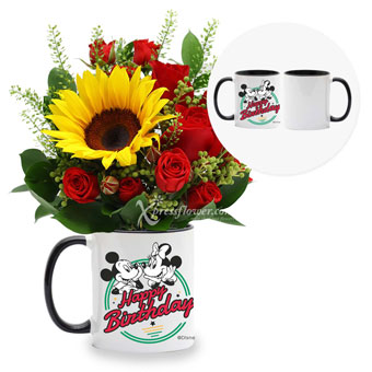 Birthday Surprise (1 Sunflower & 3 Red Roses with Disney Mug)