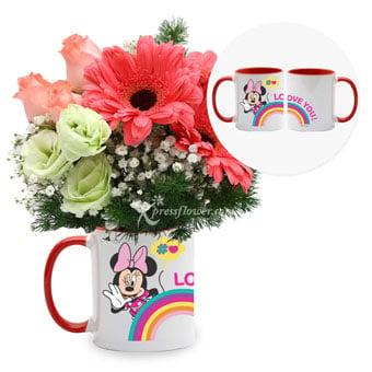 Timeless Moments (3 pink gerberas & 3 pink roses with Disney cup)