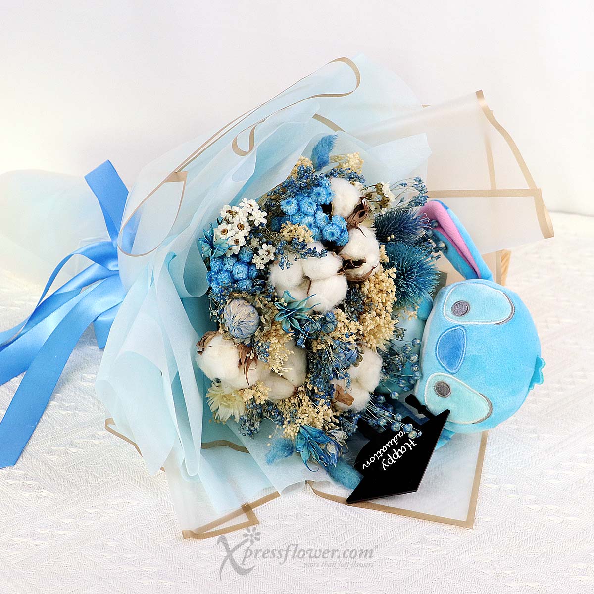 CT2303 Blue-quet Insignis (Dried Flowers with Disney Stitch Soft Toy) 1b