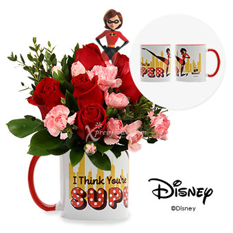 You are Super Mom (6 red roses with carnation spray in Disney cup)