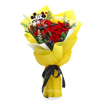DSBQ1807 Lumiere (12 Red Roses with 2 Sunflowers Disney Bouquet)