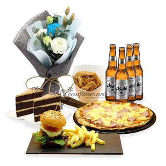Feast for a King (1 blue rose with Twenty Grammes sliced cakes, Knots pizza, burger & beer combo)