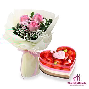 Pink-y Adore You (3 dark pink roses with The Jelly Hearts strawberry cheesecake)