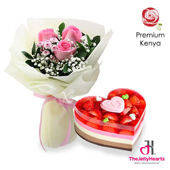 Pink-y Adore You (3 dark pink roses with The Jelly Hearts strawberry cheesecake)