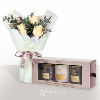 Elegant Delight (3 Champagne Roses with Whittard Luxury Hot Chocolate Gift Set)