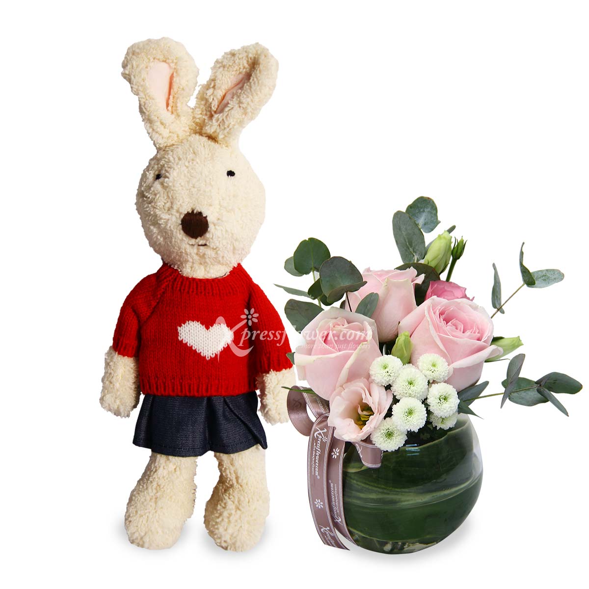 Candy Dreams (3 pink roses with bunny plush)
