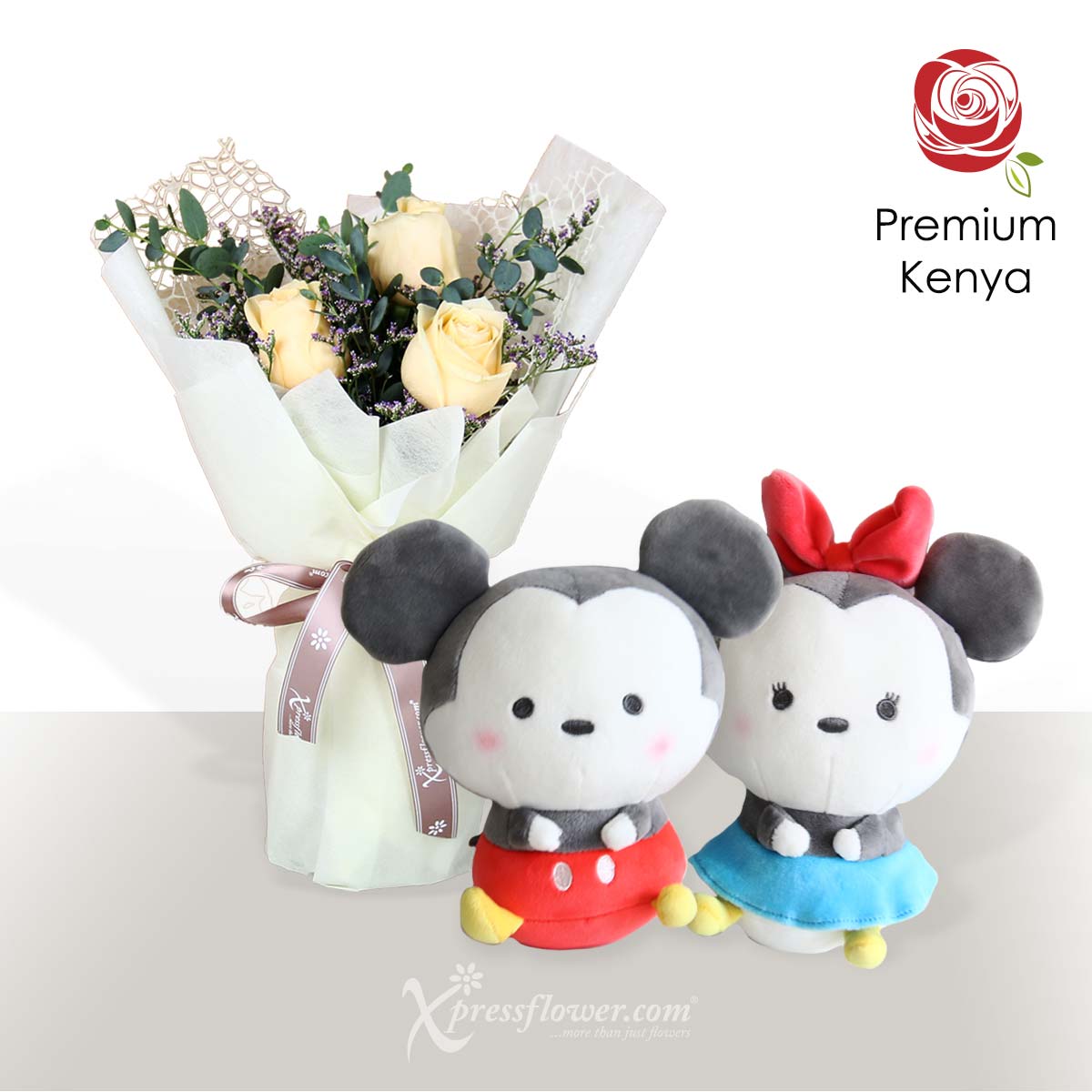 Sincere Devotion (3 Champagne Rose with Mickey & Minnie Soft Toy)
