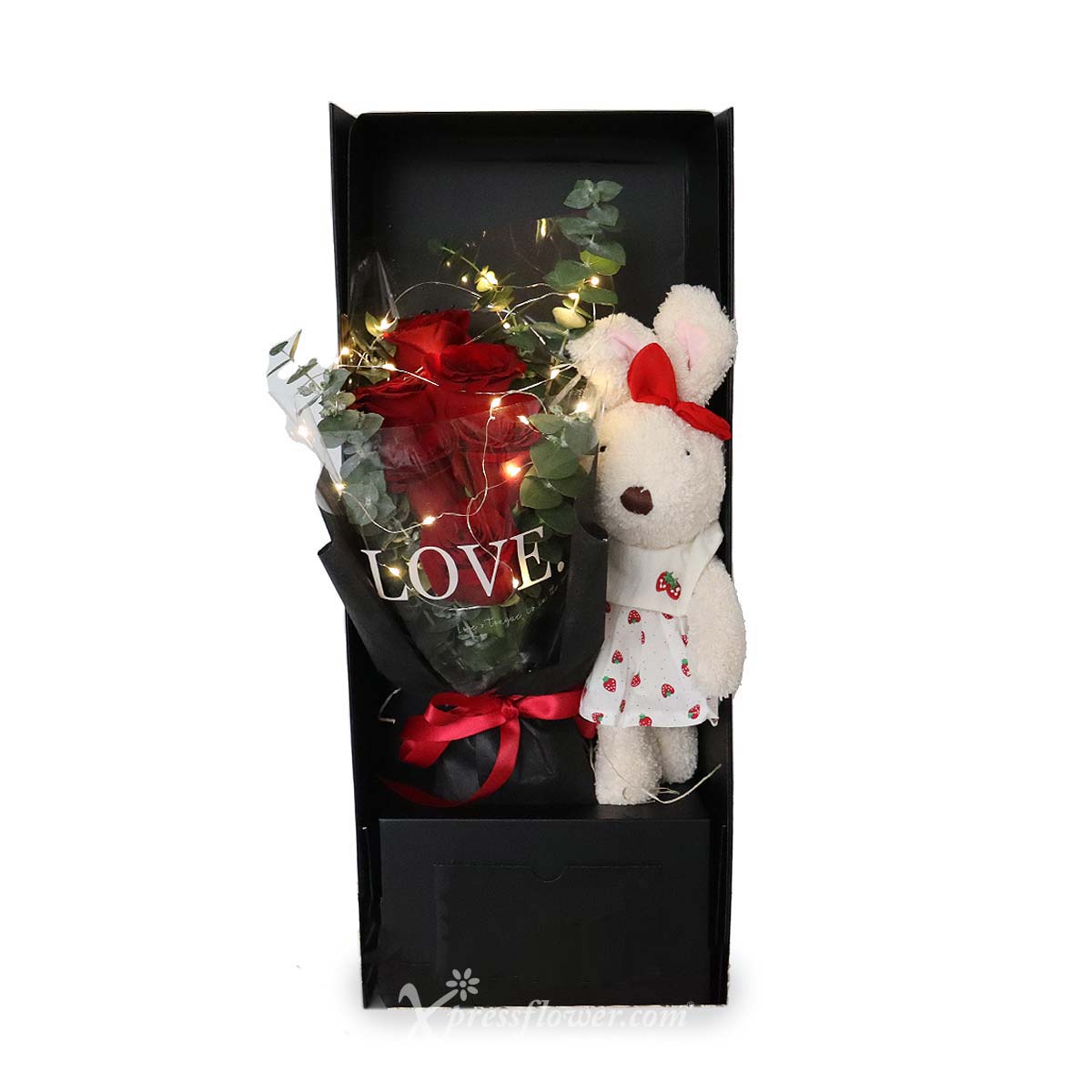 sbl2309 love bunny 6 red roses with led lights amp bunny plush new 1b