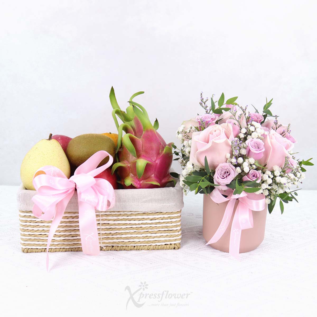 Fresh Whispers (Pink Roses Vase Arrangement with Fruits Basket)