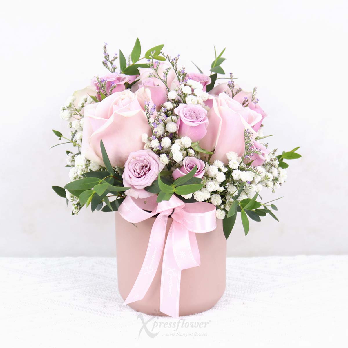 FH2501 Fresh Whispers Pink Roses Vase Arrangement with Fruits Basket 1c