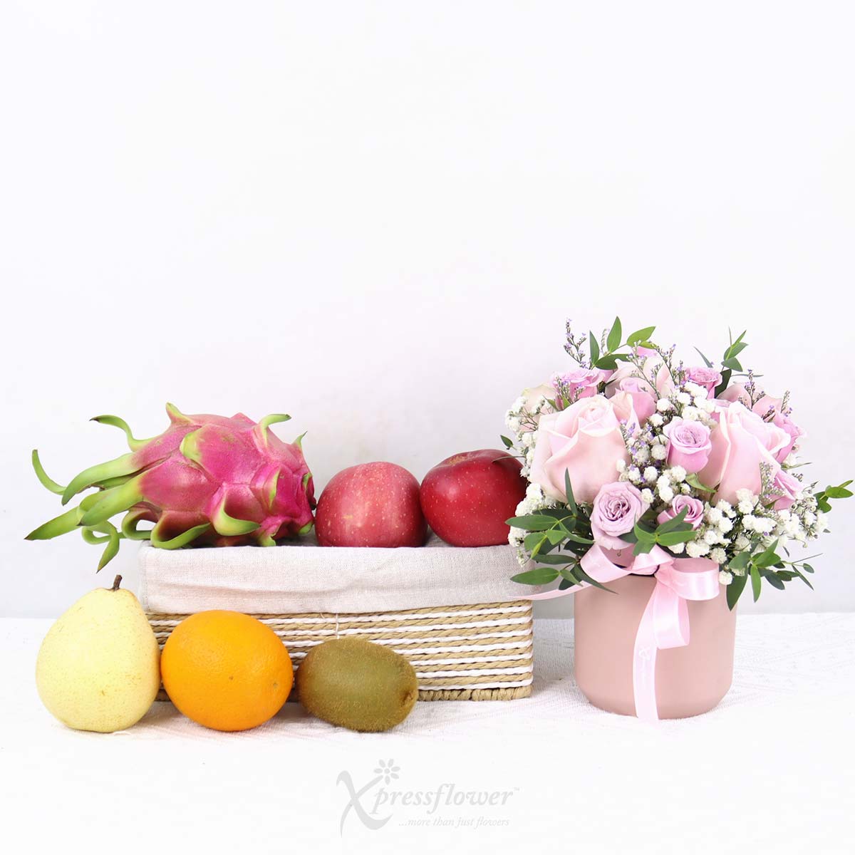 FH2501 Fresh Whispers Pink Roses Vase Arrangement with Fruits Basket 1d