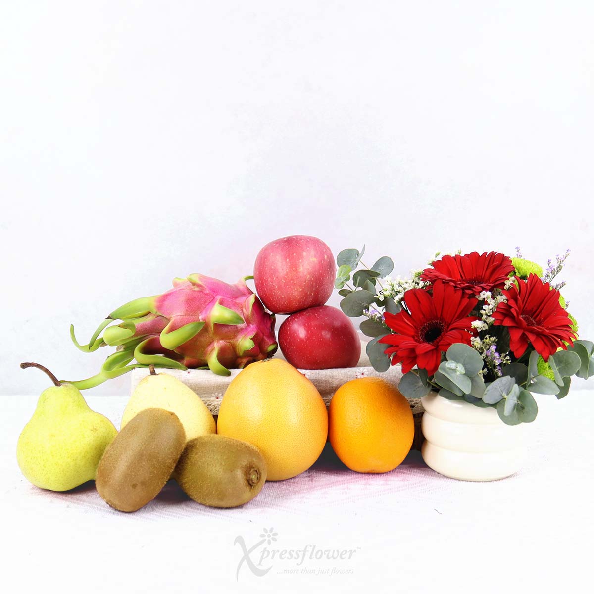 FH2503 Crimson Bounty Red Gerberas Vase Arrangement with Fruits Basket 1b