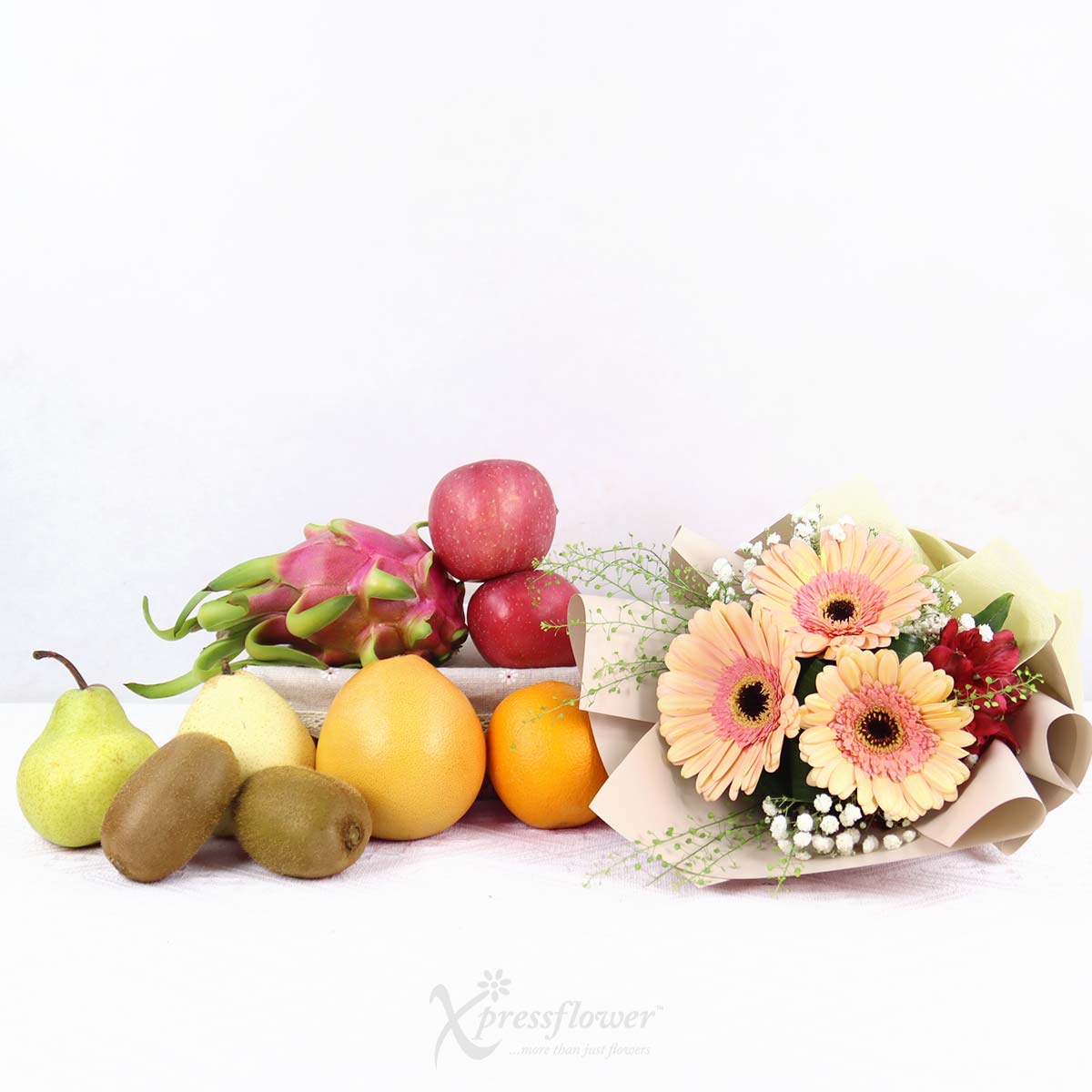 FH2504 Bloom & Bounty Peach Gerberas Bouquet with Fruits Basket 1b