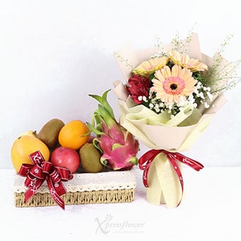 FH2504 Bloom & Bounty (Peach Gerberas Bouquet with Fruits Basket)