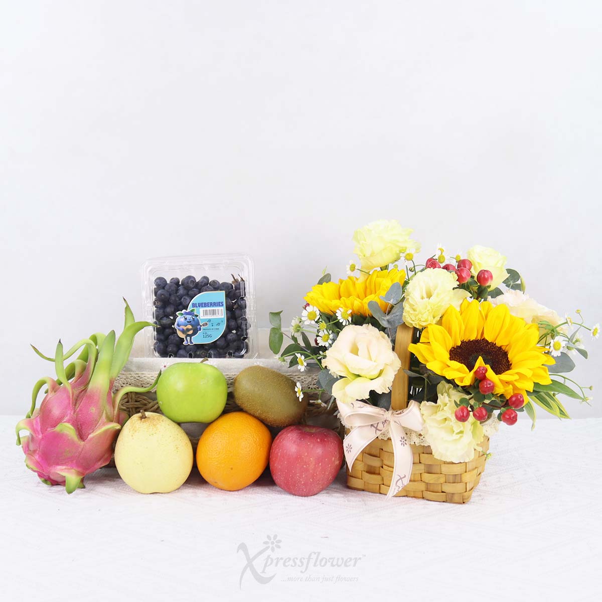 FH2505 Sunberry Bliss Sunflowers Basket Arrangement with Fruits Basket 1b
