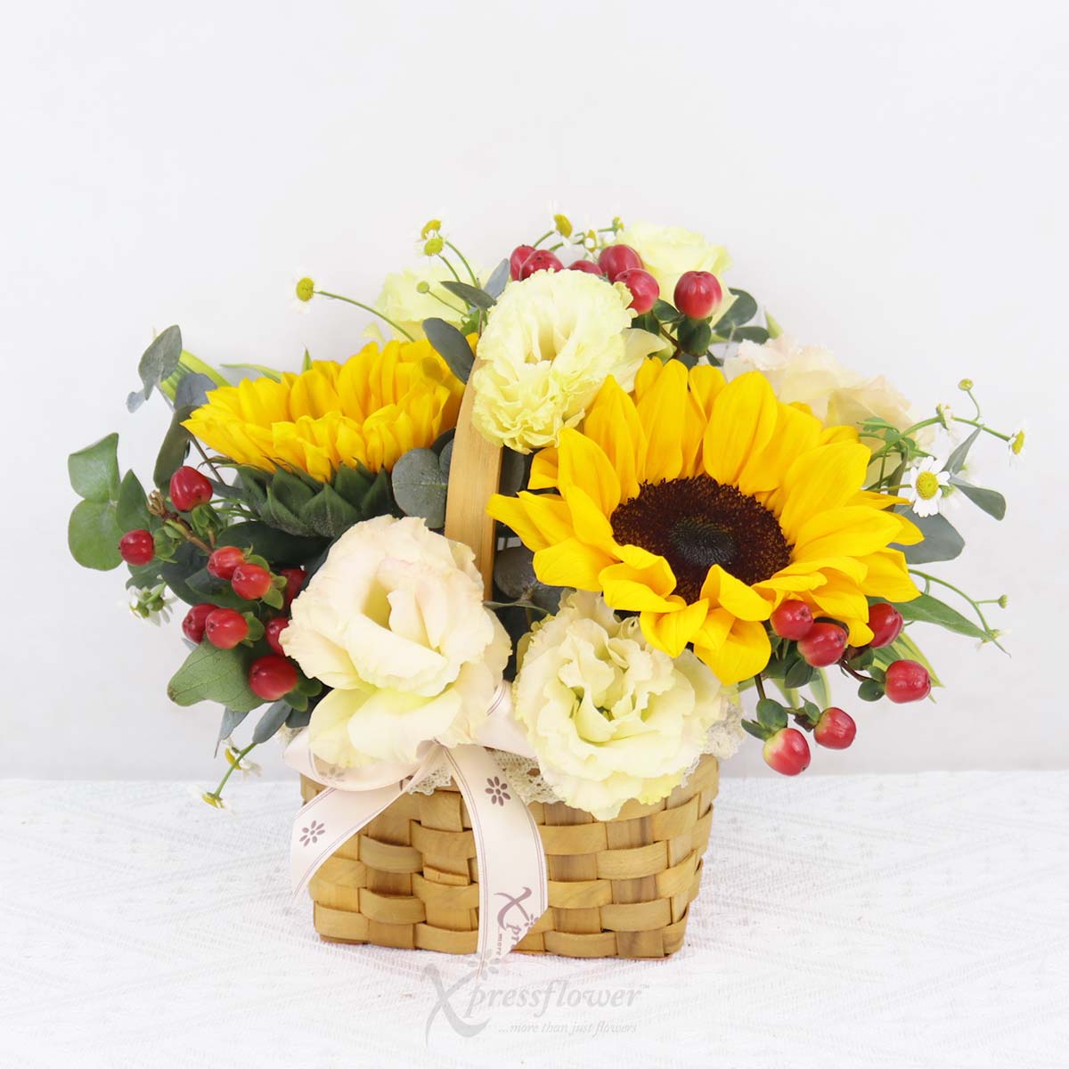 FH2505 Sunberry Bliss Sunflowers Basket Arrangement with Fruits Basket 1c