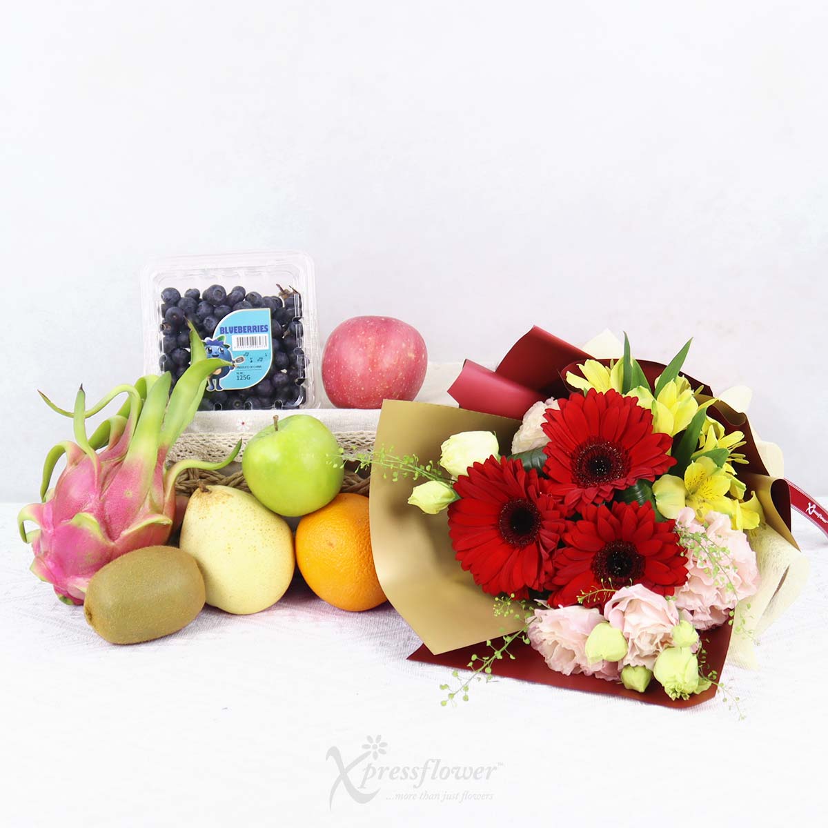 FH2506 Bloom & Berry Red Gerberas Bouquet with Fruits Basket 1b