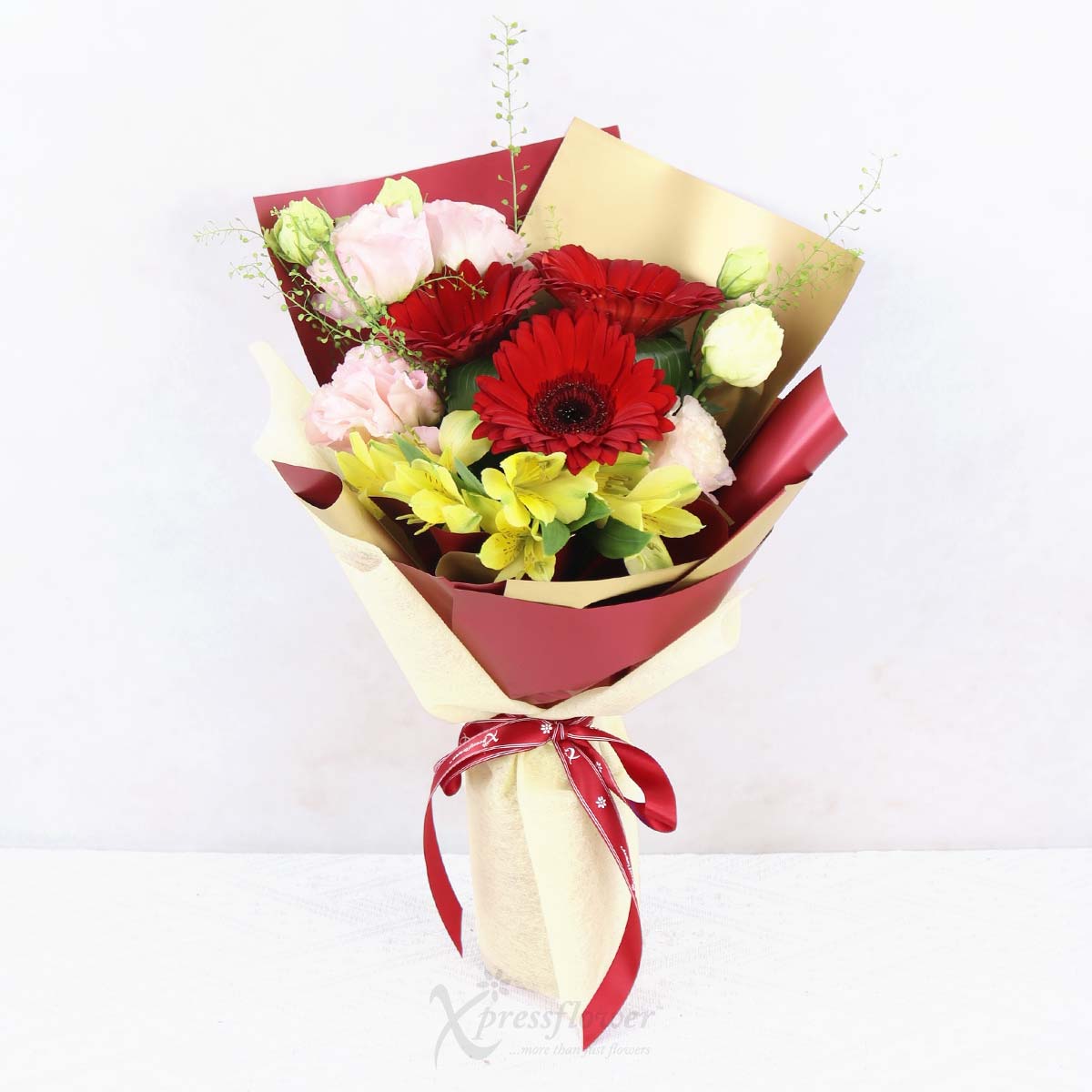 FH2506 Bloom & Berry Red Gerberas Bouquet with Fruits Basket 1c
