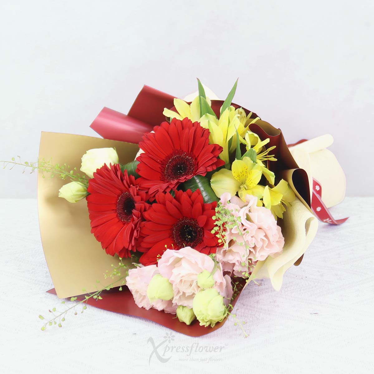 FH2506 Bloom & Berry Red Gerberas Bouquet with Fruits Basket 1d