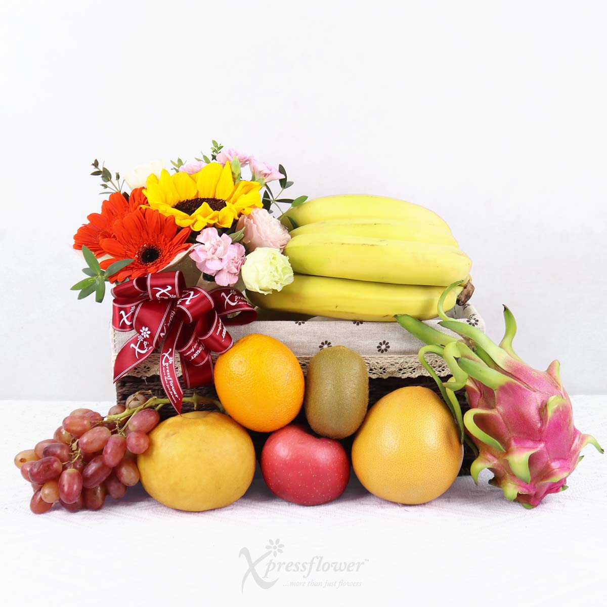 FH2507 Sunrise Treats Fruits Basket with Floral Arrangement 1b