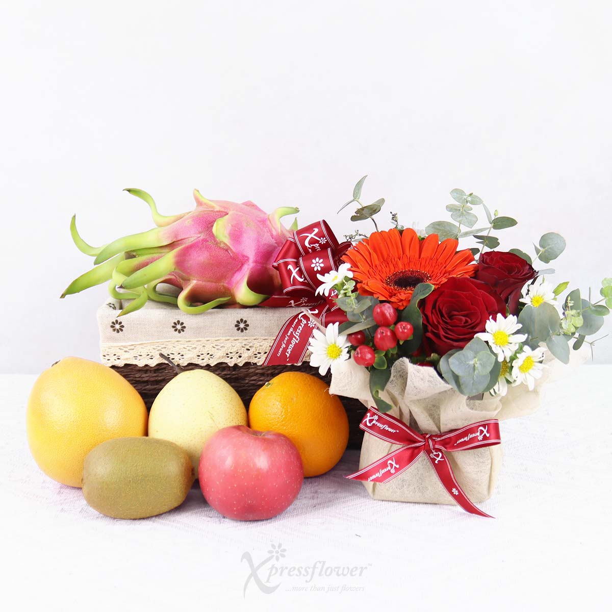 FH2508 Ruby Harvest Fruits Basket with Floral Arrangement 1b