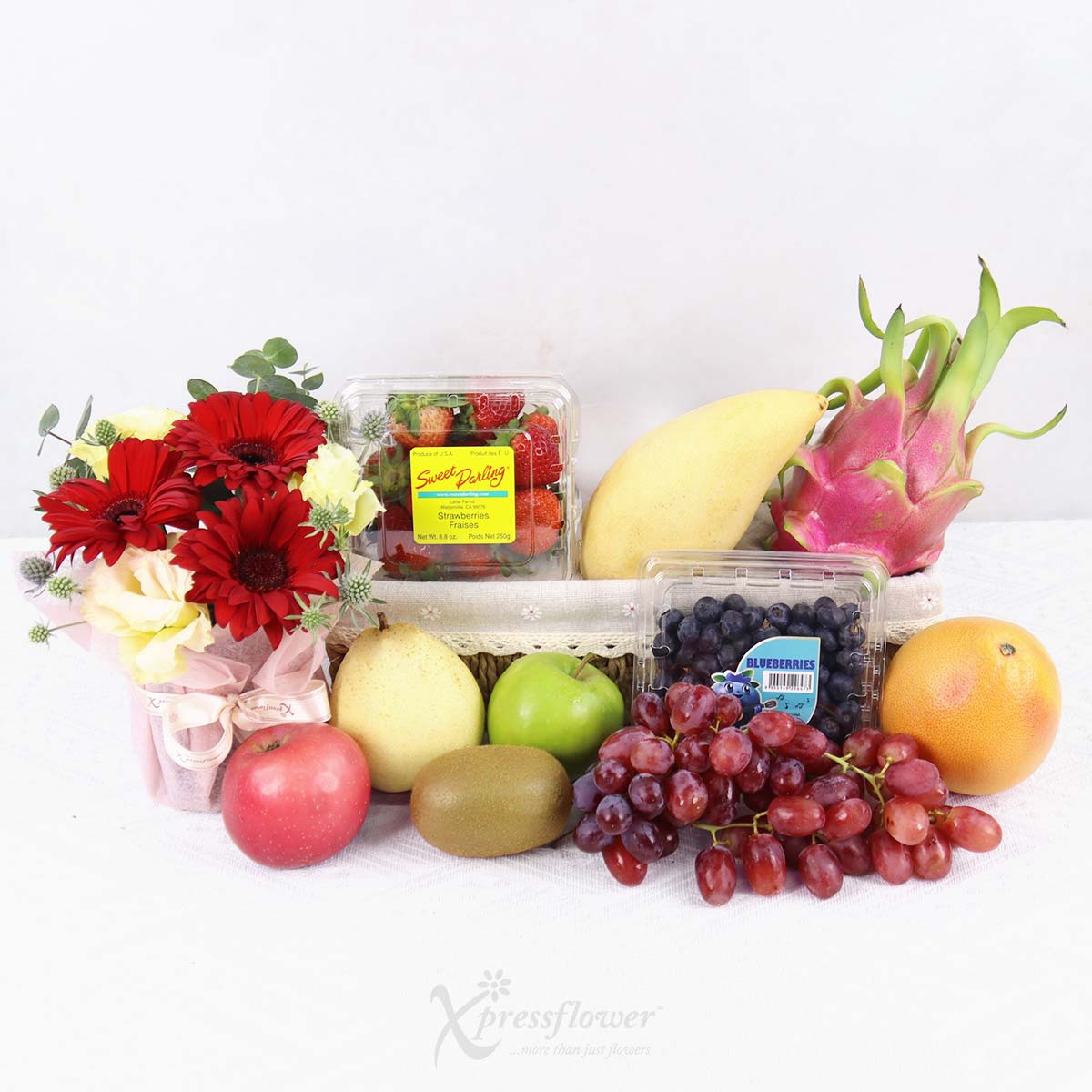 FH2509 Crimson Orchard Fruits Basket with Floral Arrangement 1b