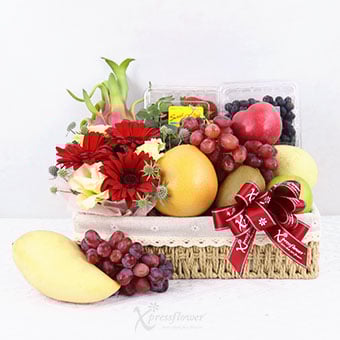 FH2509 Crimson Orchard (Fruits Basket with Floral Arrangement)