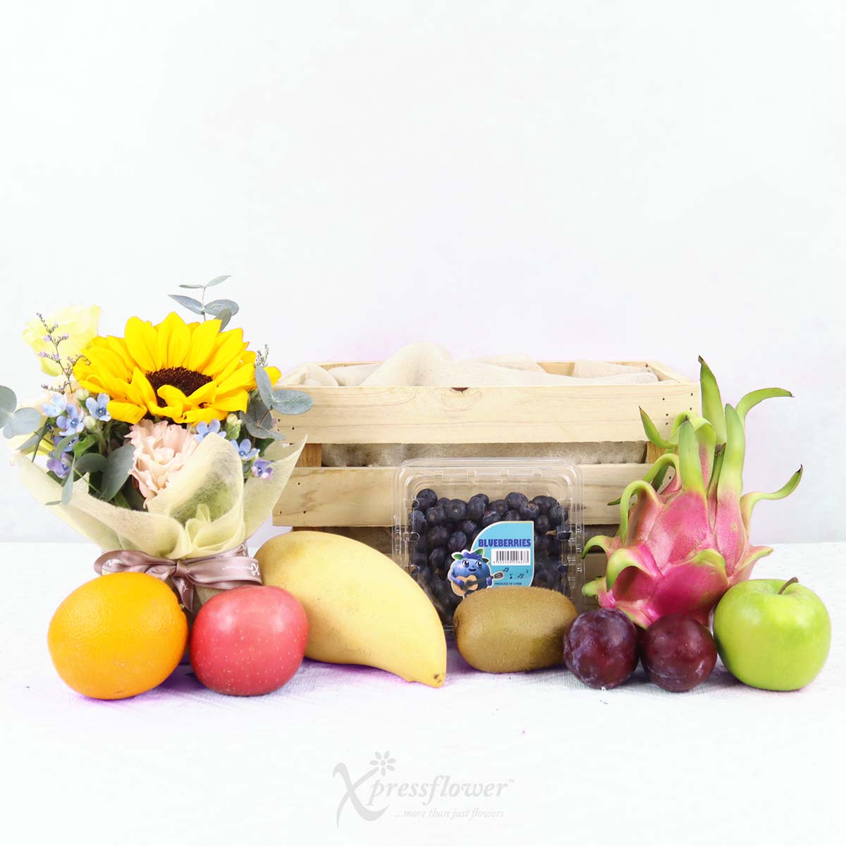 FH2510 Sunburst Crate Fruits Basket with Floral Arrangement 1b