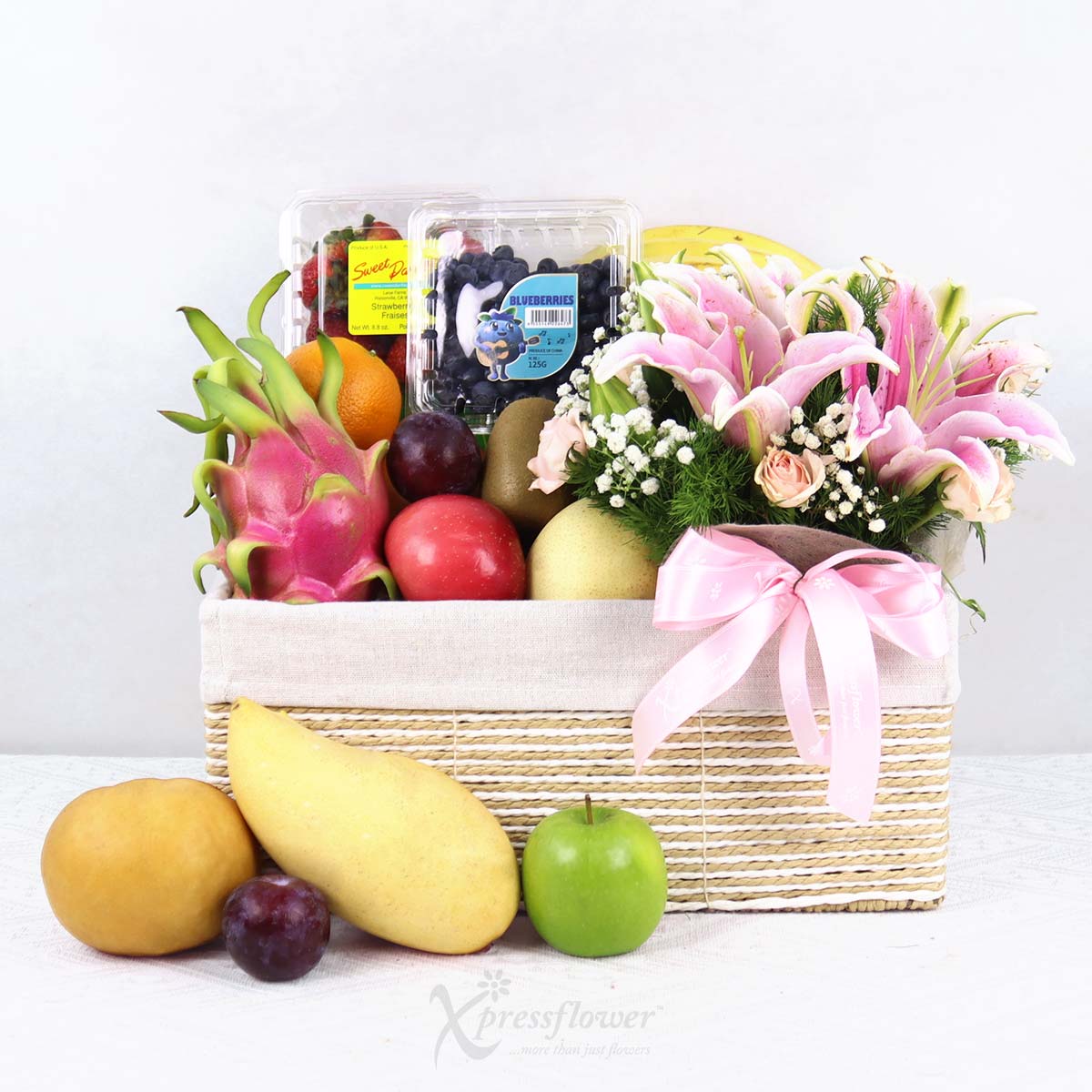 Pink Comfort (Fruits Basket with Floral Arrangement)