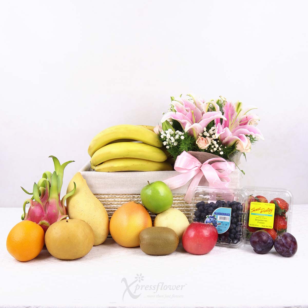 FH2515 Pink Comfort Fruits Basket with Floral Arrangement 1b