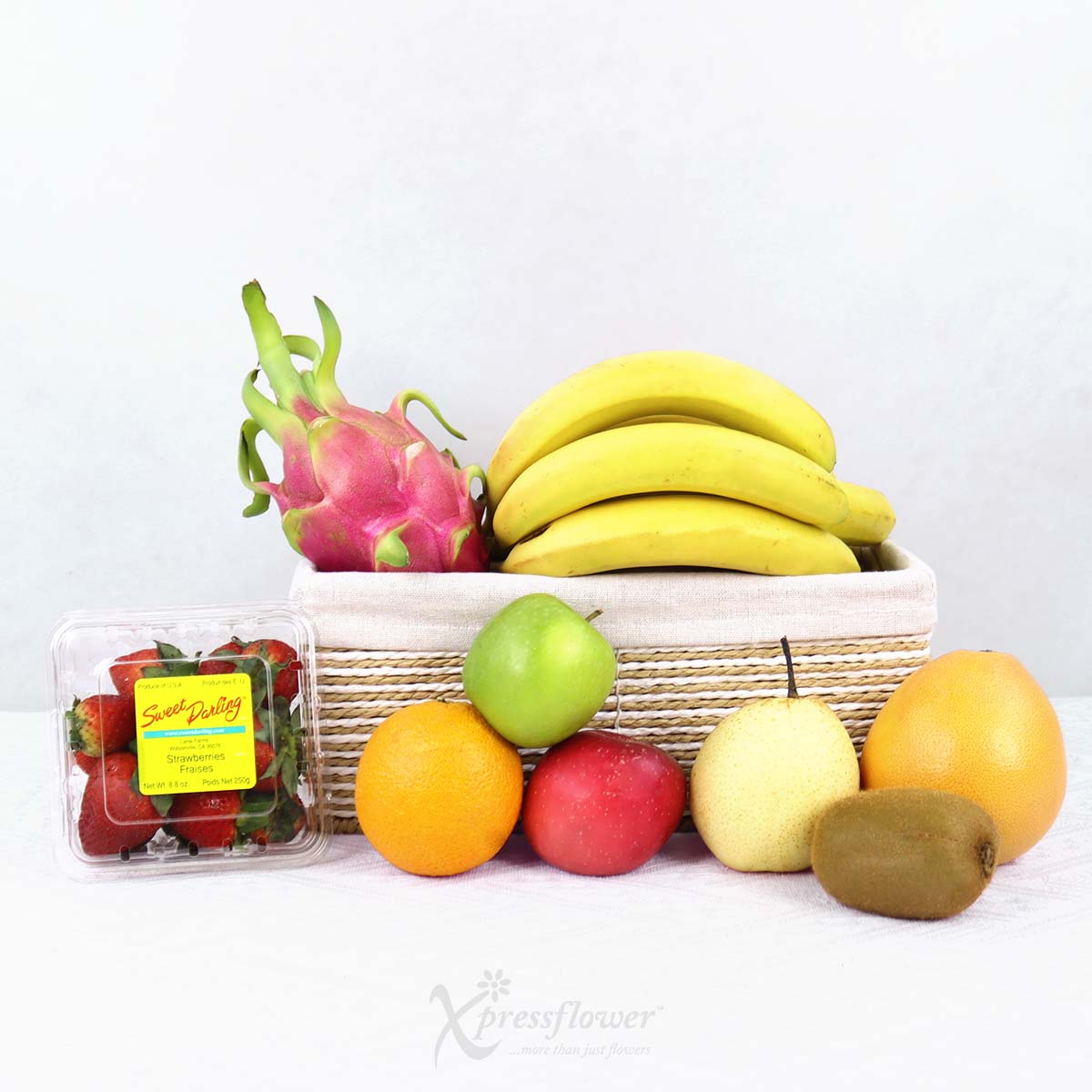 FH2517 Tropical Fresh Fruits Basket with Floral Arrangement 1b